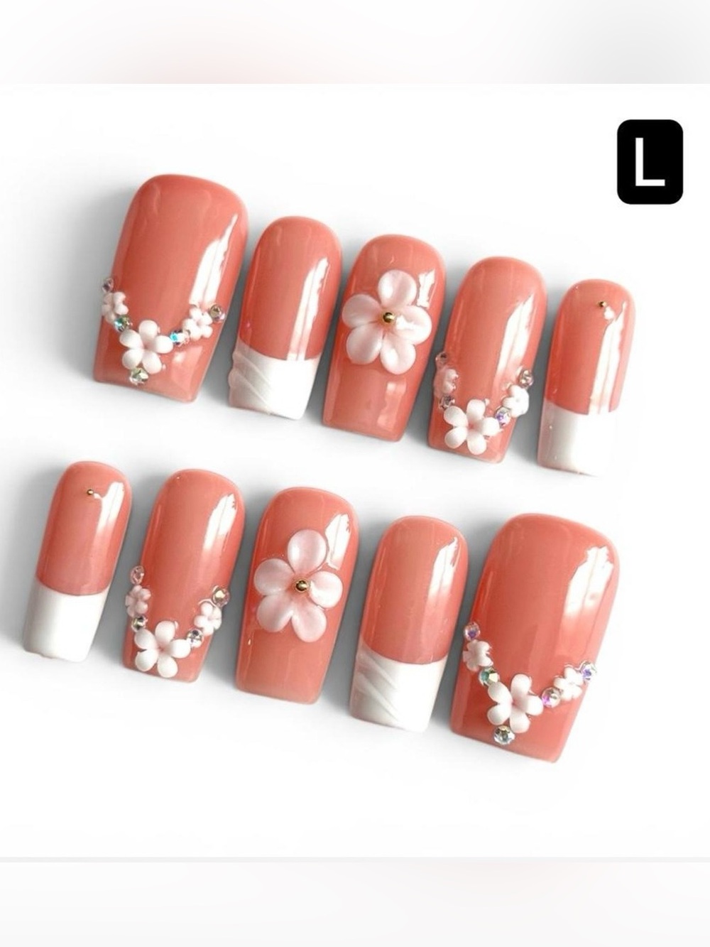 Peach Pink Floral Press-On Nails with French tips